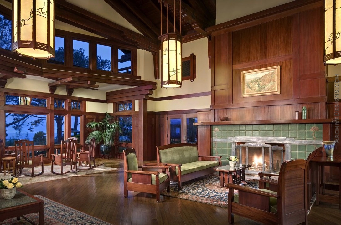 Torrey Pines resort lobby, note grand fire surround and screen by Archive Designs.