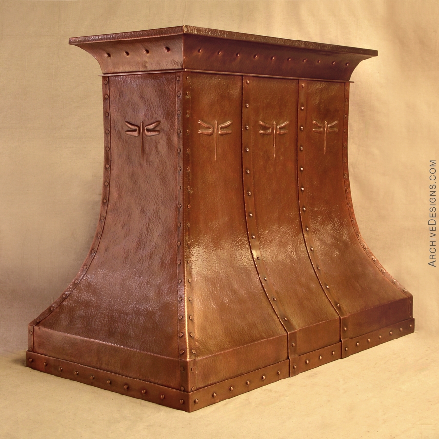 Island hood with dragonfly,  in hammered copper by Archive Designs.